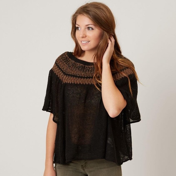 Free People Sheer Black Fair Isle Flutter Sleeve Off the Shoulder Sweater Top XS - Picture 2 of 12